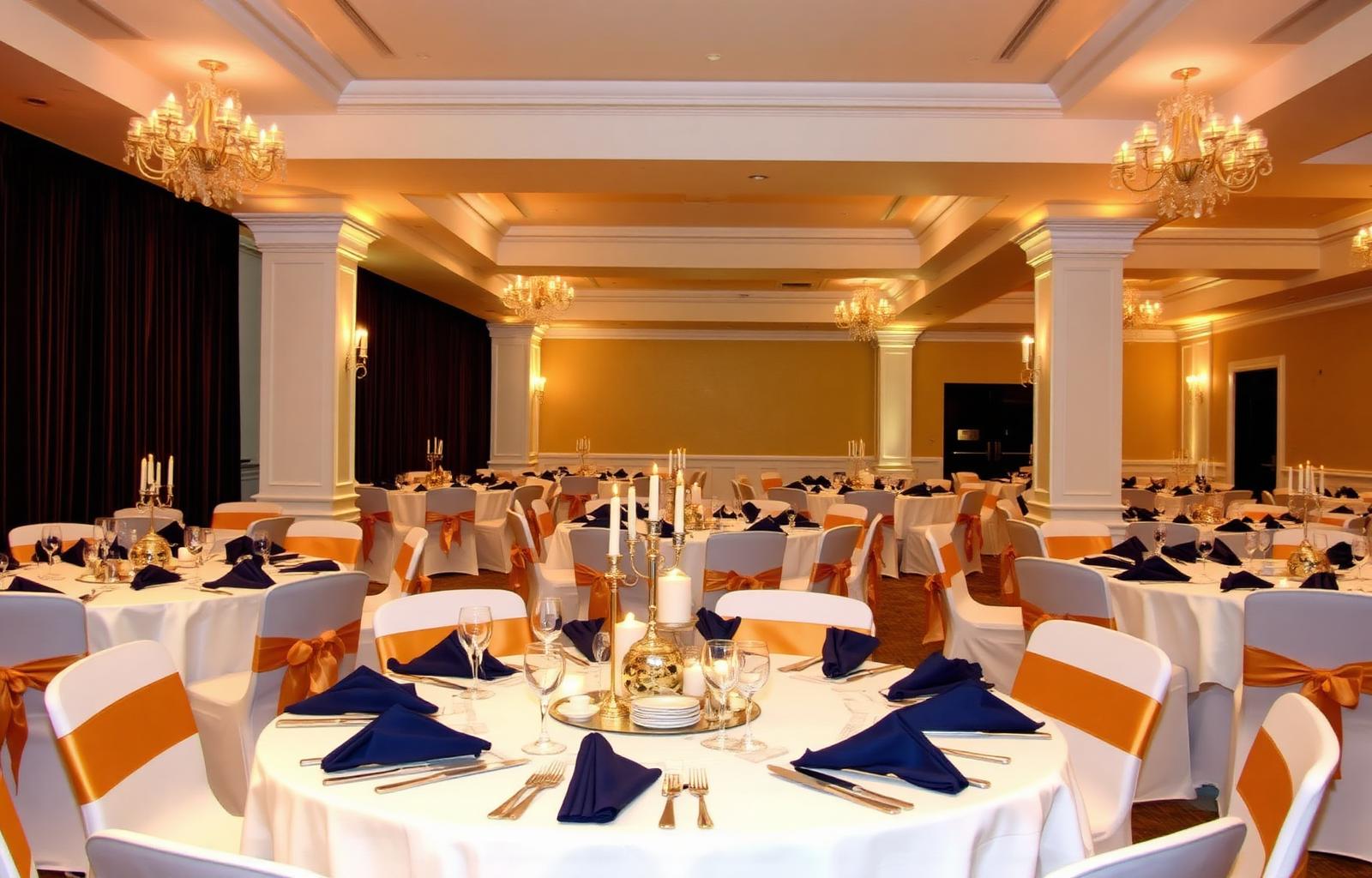 Elegant banquet setup with deep blue napkins and gold accents