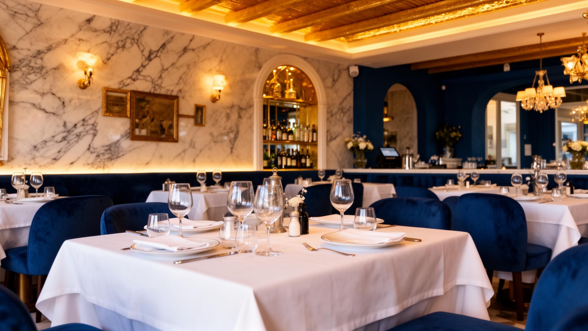 Elegant Greek restaurant dining room with marble walls and deep blue velvet chairs